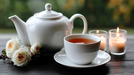 Fototapeta premium Elegant Tea Time Still Life with Candles Roses and White Porcelain Teapot Cup for Relaxation.