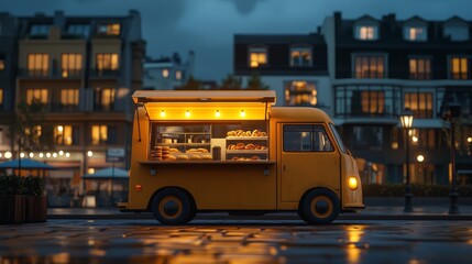 Obraz premium At night, a yellow food truck with an orange roof is illuminated in a city setting, with various food items on display for passersby