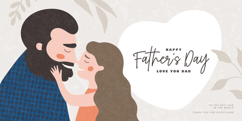 Father's Day illustration. Loving daughter and bearded dad touch noses cutely. Cute cartoon family scene perfect for greeting cards, posters, or social media.