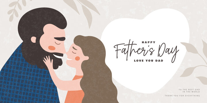 Father's Day illustration. Loving daughter and bearded dad touch noses cutely. Cute cartoon family scene perfect for greeting cards, posters, or social media.