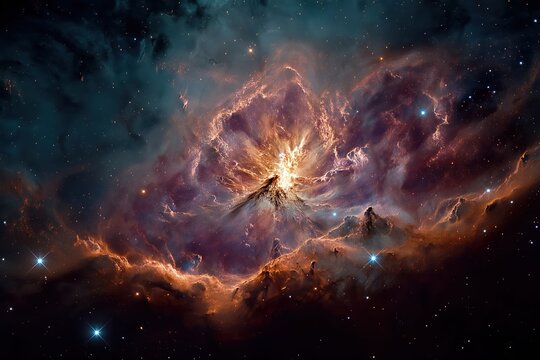 Glowing protostar ignites within swirling nebula of crimson, gold, and violet gases