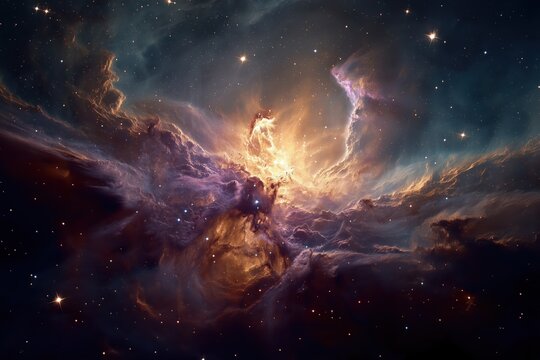 Glowing protostar ignites within swirling nebula of crimson, gold, and violet gases