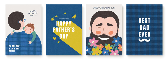 Set of Father's Day cards in simple flat style. Cute illustrations of dad and child, checkered pattern and lettering. Perfect for greeting cards, banners and social media.