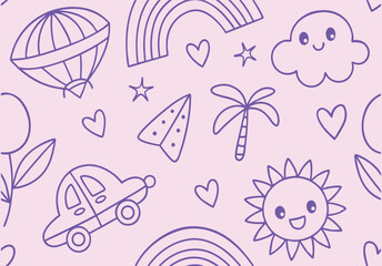 Cartoon Doodle Seamless Pattern with Cute Elements on Pink Background. cartoon, doodle, seamless, pattern, cute, pink, background, children, playful, elements