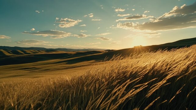 Golden grasses, sunset over rolling hills.