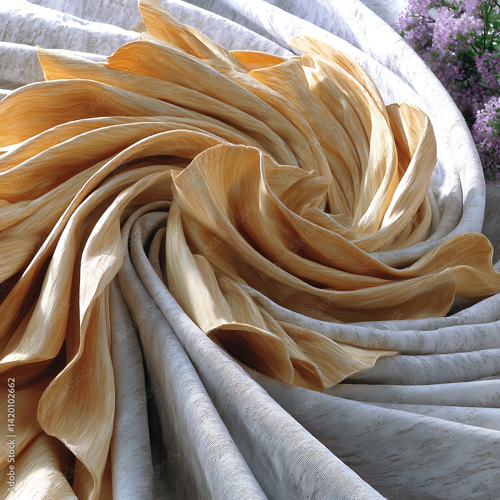 Poster elegantly swirled fabric cascading into luxurious folds with delicate textures and subtle shimmers.