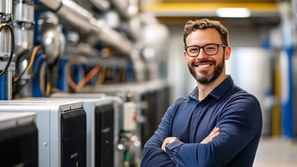 Engineering and Precision: A smiling engineer stands confidently in an industrial setting, embodying expertise and dedication to technological advancement.