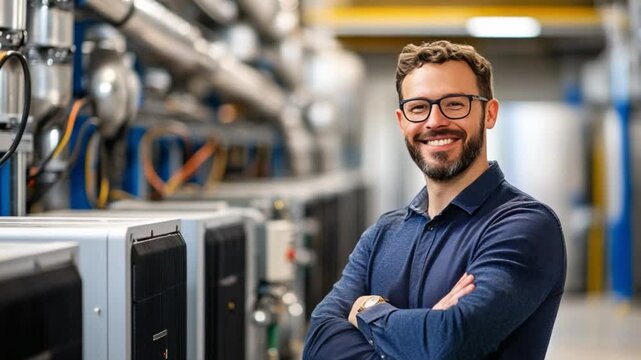Engineering and Precision: A smiling engineer stands confidently in an industrial setting, embodying expertise and dedication to technological advancement.