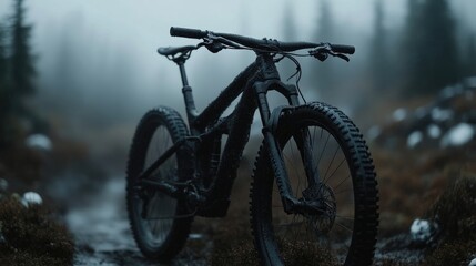 Obraz premium Mountain bike in a misty forest trail