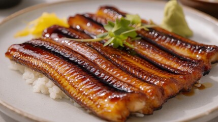 Glistening grilled eel in sweet soy glaze, plated on white with delicate garnishes for color balance