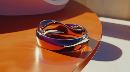A polished metal ring rests on an orange colored table