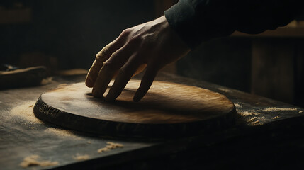 Carpenter sanding a wooden board in a workshop. Featuring craftsmanship and focus