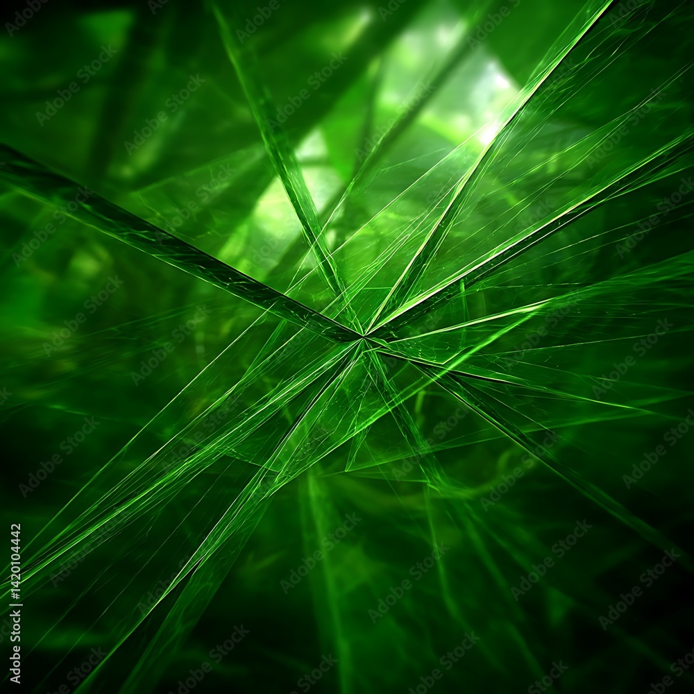 Poster emerald labyrinth abstract digital art with dynamic green light strokes and angular crystal shards