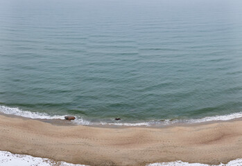 Overhead view of tranquil beach with gentle waves on cloudy day. Light snow covers parts of sand, adding winter touch to peaceful scene. Cool tones dominate, enhancing serene atmosphere