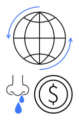 Globe with arrows symbolizing exchange, dripping nose representing health, and dollar coin denoting finance. Ideal for themes thumbs up global trade, health issues, finance, business, sustainability