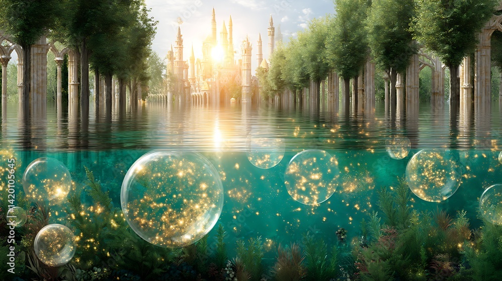 Poster enchanted cityscape submerged worlds reflecting underwater spheres and mysterious architecture.