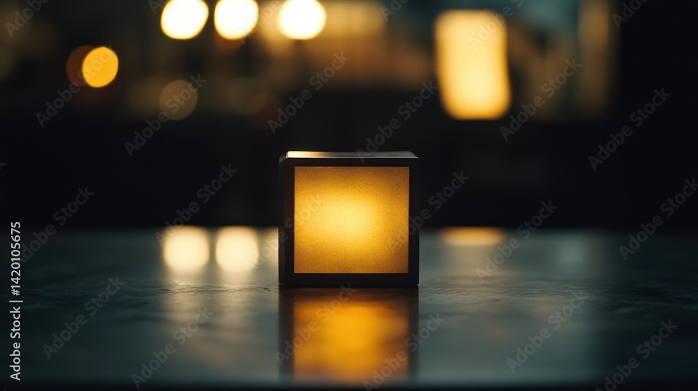 Poster a small illuminated square cube sits on a reflective surface