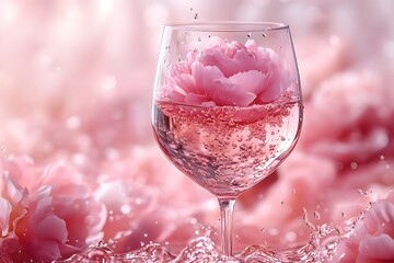 Elegant Wine Glass with Pink Rose Flower Petals and Sparkling Water, Soft Pink Tone