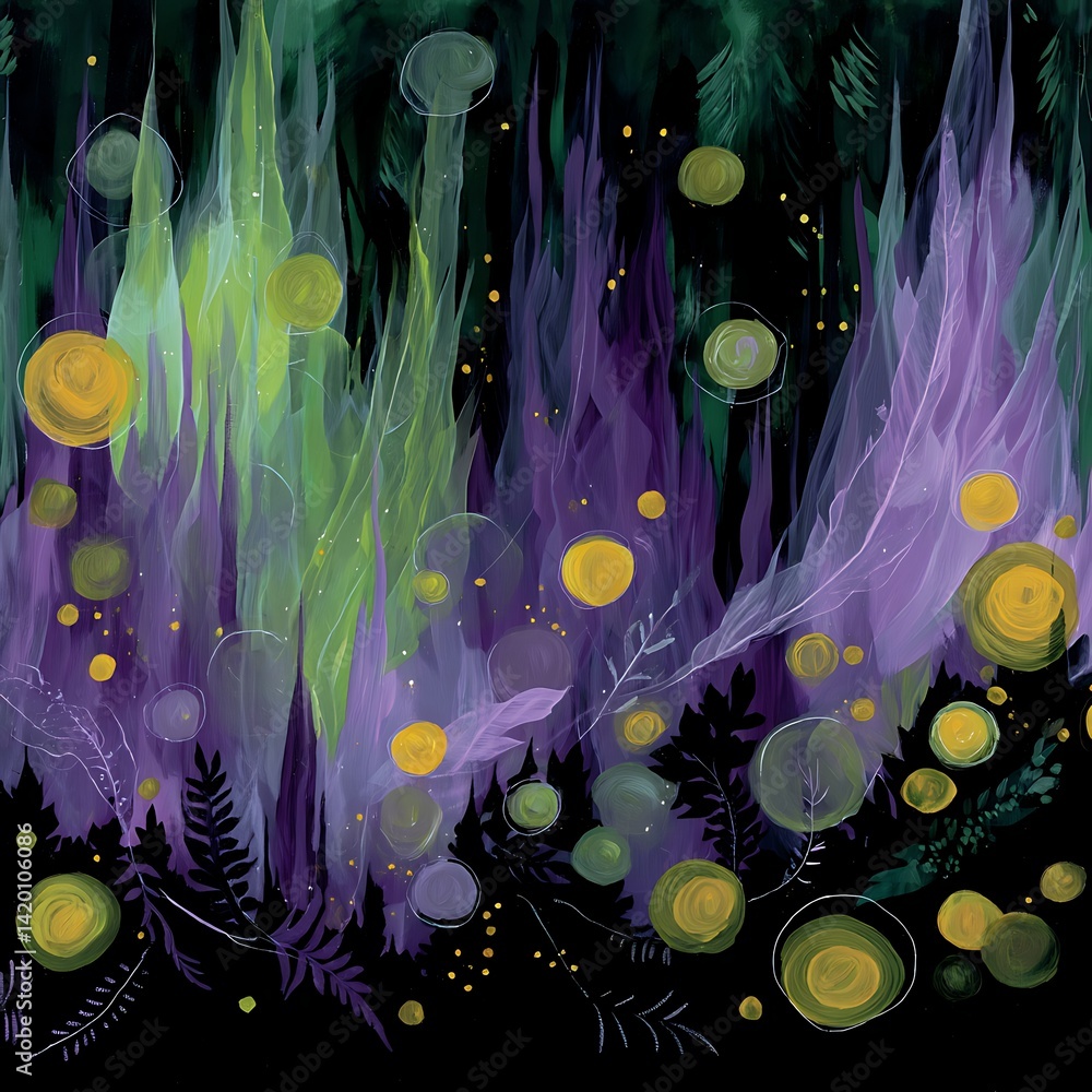 Poster enchanted forest abstract landscape with glowing orb elements and atmospheric composition.