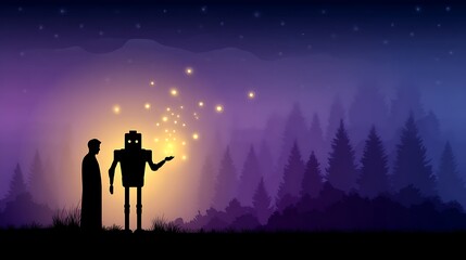 Fototapeta premium Enchanted Forest Encounter Robot and Person Silhouette Night Stars Abstract Magical Glowing Orbs