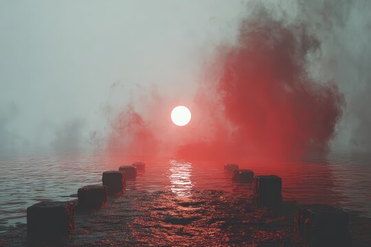 Ethereal sunset over foggy waters coastal pier photo mystical atmosphere wide angle tranquility