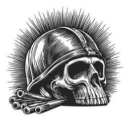Naklejka premium Intricate Woodcut Style Engraving of Skull with Helmet and Bullets