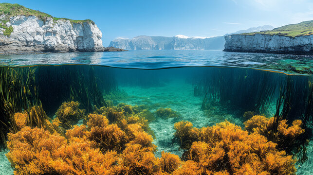 A dual-perspective image of Galicia&acirc;&euro;&trade;s summer coastline, showing kelp both above and below the ocean&acirc;&euro;&trade;s surface