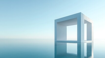 Minimalistic white cube structure reflected in calm blue water below
