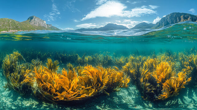 A dual-perspective image of Galicia&acirc;&euro;&trade;s summer coastline, showing kelp both above and below the ocean&acirc;&euro;&trade;s surface
