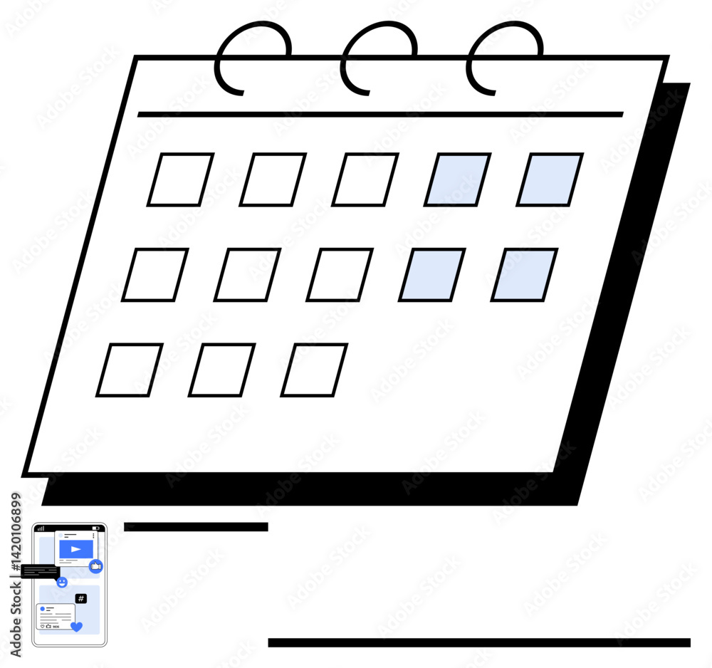 Poster desk calendar with marked dates and connected smartphone showing tasks and reminders. ideal for sche