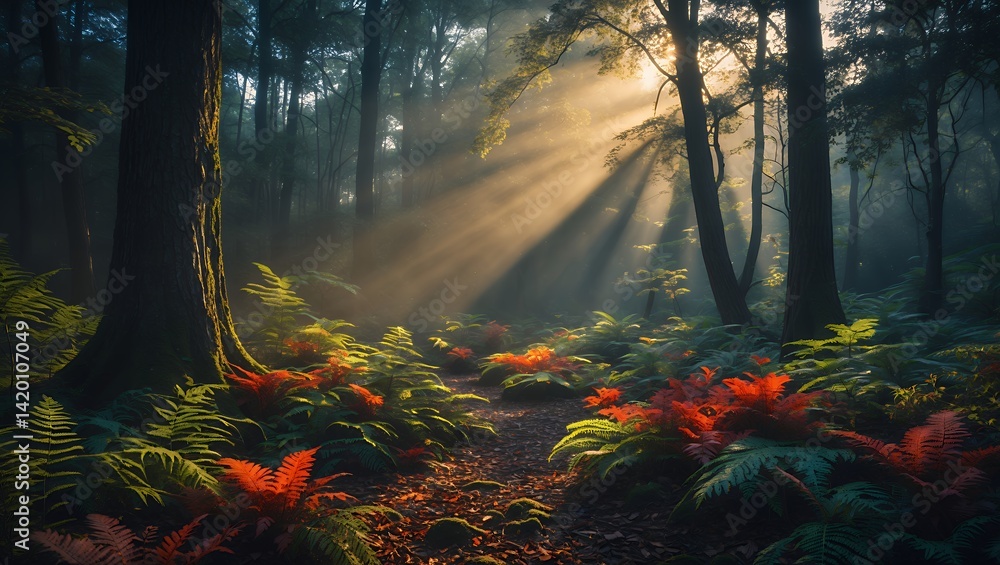 Poster sunlight streaming through forest with colorful ferns on ground