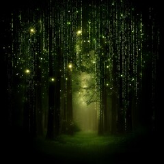 Enchanted Forest Pathway Glow of Fantasy Lights Dreamlike Ambience of Serene Green Wilderness Scene.