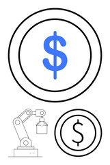 Fototapeta premium Robotic arm lifting money icon represents financial automation. Ideal for technology, fintech, innovation, economy, business, artificial intelligence, simple landing page