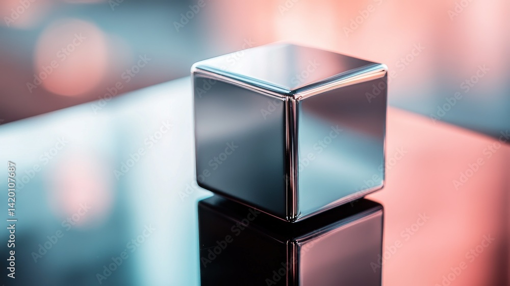 Aufkleber shiny metallic cube resting on a reflective surface reflecting light