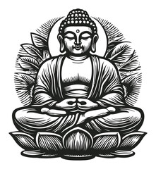 Hand-Drawn Woodcut of Meditating Buddha Surrounded by Leaves