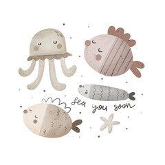 cartoon  fish, jellyfish, starfish, hand drawing lettering. Colorful illustration for kids, flat style. baby design for card, poster, print on t-shirt