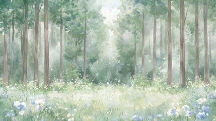 Watercolor forest tall trees floral meadow lightfilled clearing