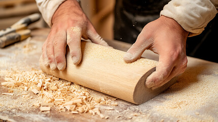 Carpenter sanding wood for furniture making. Featuring precision and craftsmanship