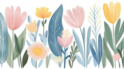 Watercolor garden pastel flowers  bluegreen foliage create a serene border