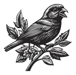 Naklejka premium Detailed Woodcut of a Singing Bird Perched on a Branch