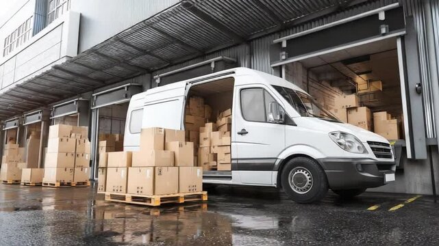 Warehouse Delivery: The moment of fulfillment unfolds as a delivery van stands ready for the transport of packaged boxes. With an open door revealing more boxes and pallets.