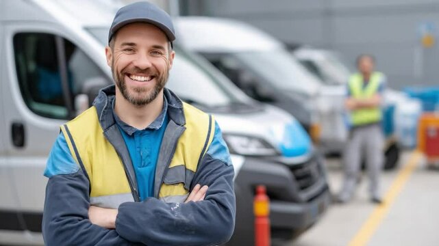 Delivery worker with vans: A friendly and confident delivery worker, radiating professionalism, stands proudly in front of a fleet of vans, symbolizing reliability and efficient service.