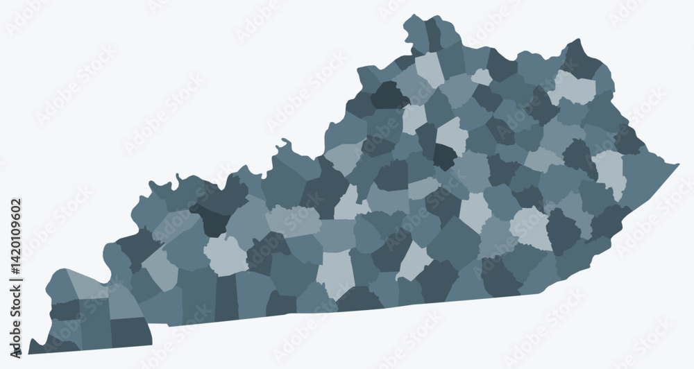 Poster map of kentucky with counties. just a simple state border map with county division. blue grey color 