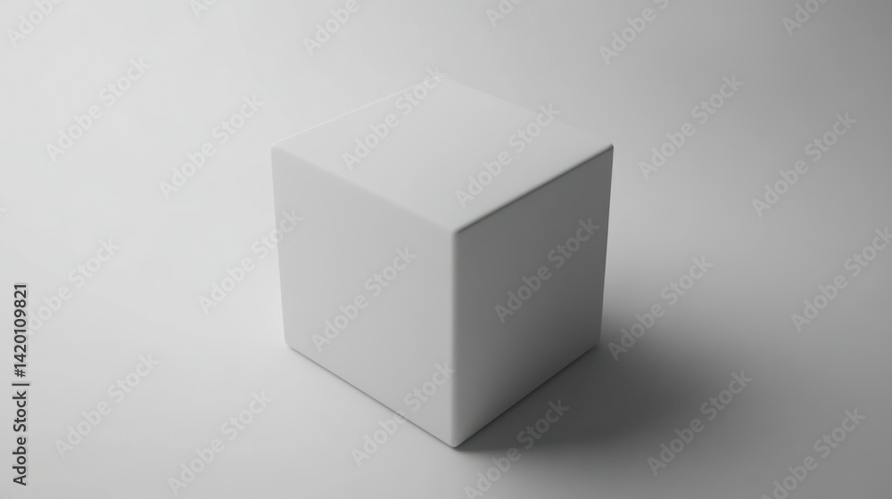 Poster a simple white cube casting a shadow on a neutral surface