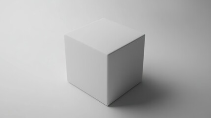 A simple white cube casting a shadow on a neutral surface