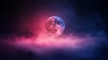 Obraz premium In the dark sky, a dreamy moon glowed softly, surrounded by clouds that displayed a kaleidoscope of pink, blue, purple, and yellow colors