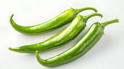 Three green peppers are sitting on a white background