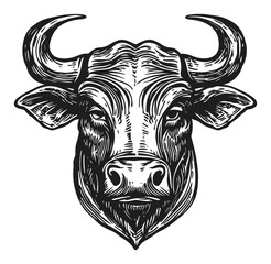 Intricate Black and White Bull Head Illustration in Woodcut Style
