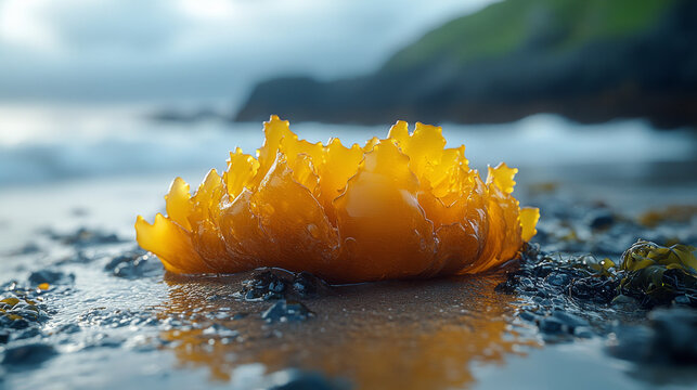 Close-up of Fucus spiralis, a spiral wrack seaweed species growing naturally along a beach