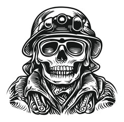 Vintage Military Skull With Helmet and Sunglasses Woodcut Style